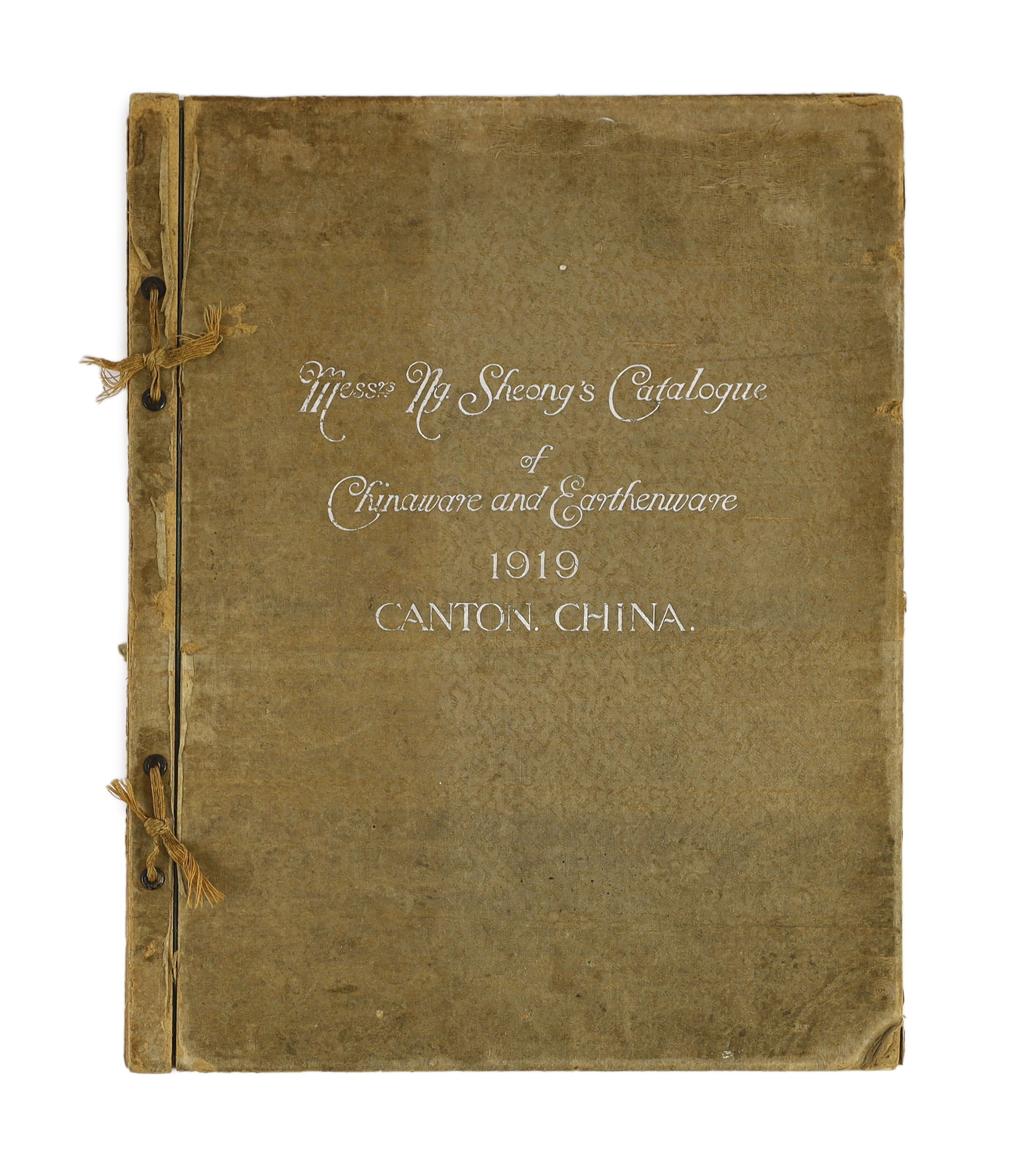 A Rare book on Chinese Ceramics - Messrs Ng. Sheong's Catalogue of Chinaware and Earthenware 1919, Canton, China, one volume, faults to binding